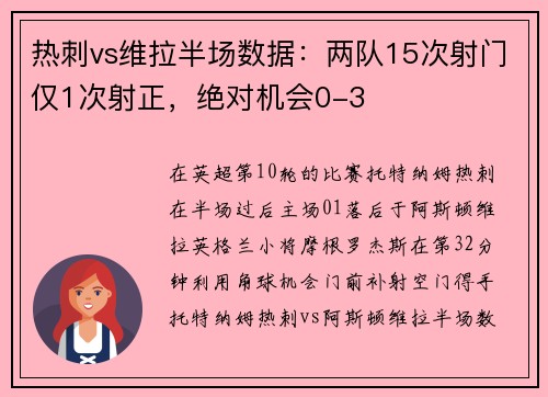 热刺vs维拉半场数据：两队15次射门仅1次射正，绝对机会0-3